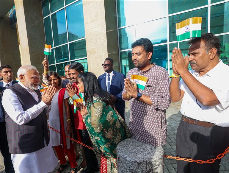 PM receives a grand reception by the Indian community upon his arrival at a hotel in Port of Spain, Republic of Trinidad and Tobago on July 03, 2025.
