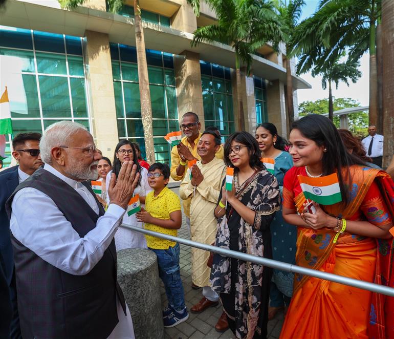 PM receives a grand reception by the Indian community upon his arrival at a hotel in Port of Spain, Republic of Trinidad and Tobago on July 03, 2025.