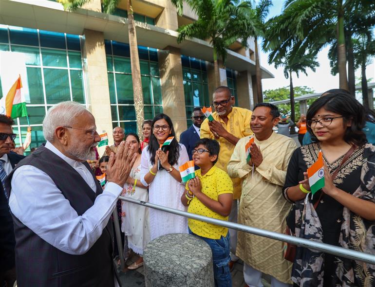 PM receives a grand reception by the Indian community upon his arrival at a hotel in Port of Spain, Republic of Trinidad and Tobago on July 03, 2025.