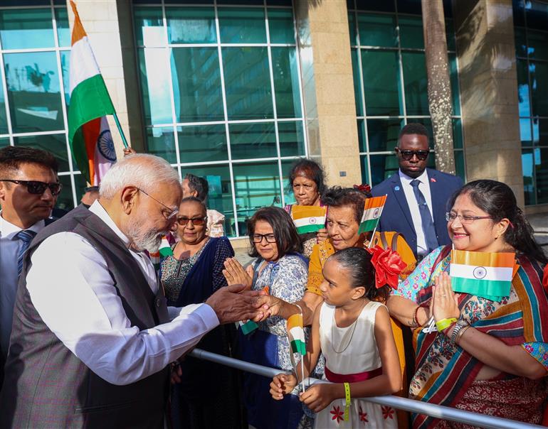 PM receives a grand reception by the Indian community upon his arrival at a hotel in Port of Spain, Republic of Trinidad and Tobago on July 03, 2025.