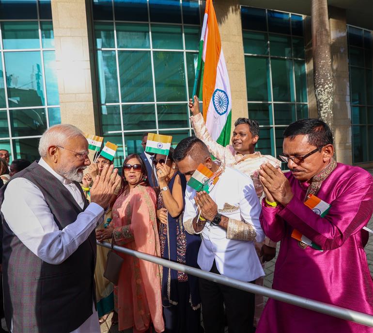 PM receives a grand reception by the Indian community upon his arrival at a hotel in Port of Spain, Republic of Trinidad and Tobago on July 03, 2025.