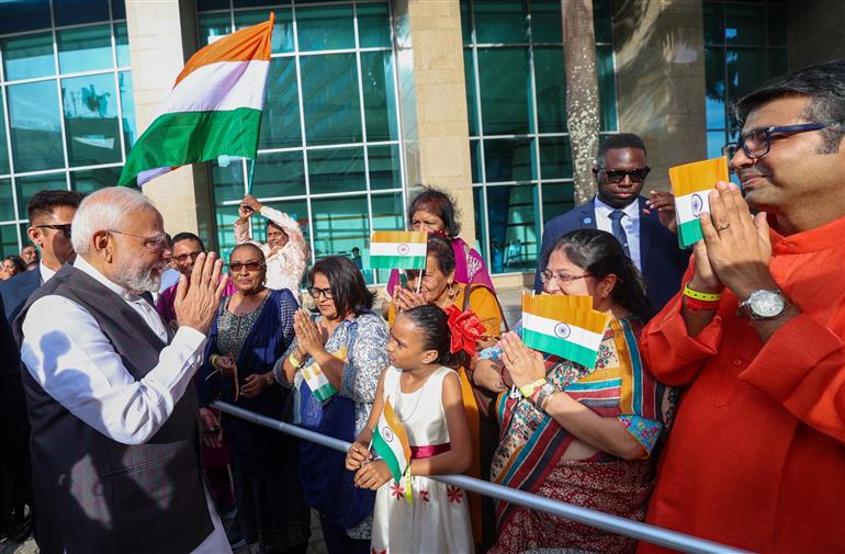 PM receives a grand reception by the Indian community upon his arrival at a hotel in Port of Spain, Republic of Trinidad and Tobago on July 03, 2025.