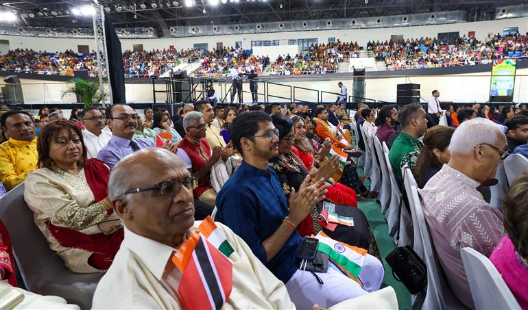 Gathering at the Indian community programme at Port of Spain, in Republic of Trinidad and Tobago on July 03, 2025. PM addresses the event.:Prime Minister's Office Gathering at the Indian community programme at Port of Spain, in Republic of Trinidad and Tobago on July 03, 2025. PM addresses the event.:Prime Minister