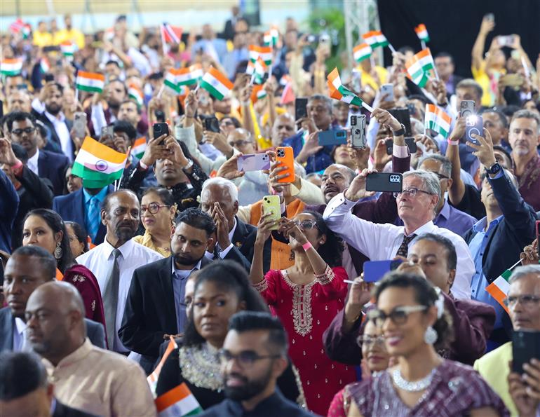 Gathering at the Indian community programme at Port of Spain, in Republic of Trinidad and Tobago on July 03, 2025. PM addresses the event.:Prime Minister's Office Gathering at the Indian community programme at Port of Spain, in Republic of Trinidad and Tobago on July 03, 2025. PM addresses the event.:Prime Minister