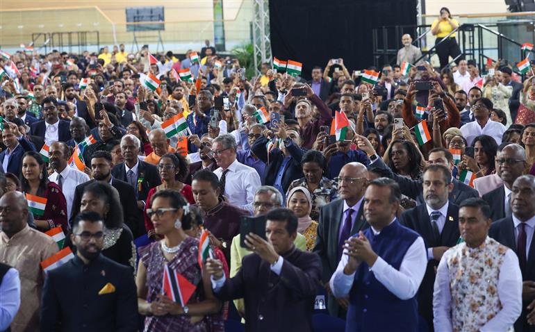 Gathering at the Indian community programme at Port of Spain, in Republic of Trinidad and Tobago on July 03, 2025. PM addresses the event.:Prime Minister's Office Gathering at the Indian community programme at Port of Spain, in Republic of Trinidad and Tobago on July 03, 2025. PM addresses the event.:Prime Minister