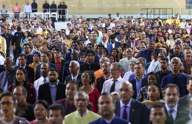 Gathering at the Indian community programme at Port of Spain, in Republic of Trinidad and Tobago on July 03, 2025. PM addresses the event.:Prime Minister's Office Gathering at the Indian community programme at Port of Spain, in Republic of Trinidad and Tobago on July 03, 2025. PM addresses the event.:Prime Minister
