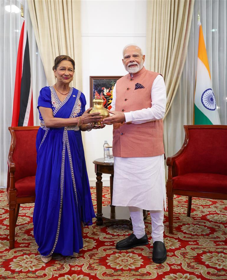 PM exchanges gifts with the Prime Minister of the Republic of Trinidad and Tobago, Ms. Kamla Persad-Bissessar at Port of Spain, in Republic of Trinidad and Tobago on July 03, 2025.