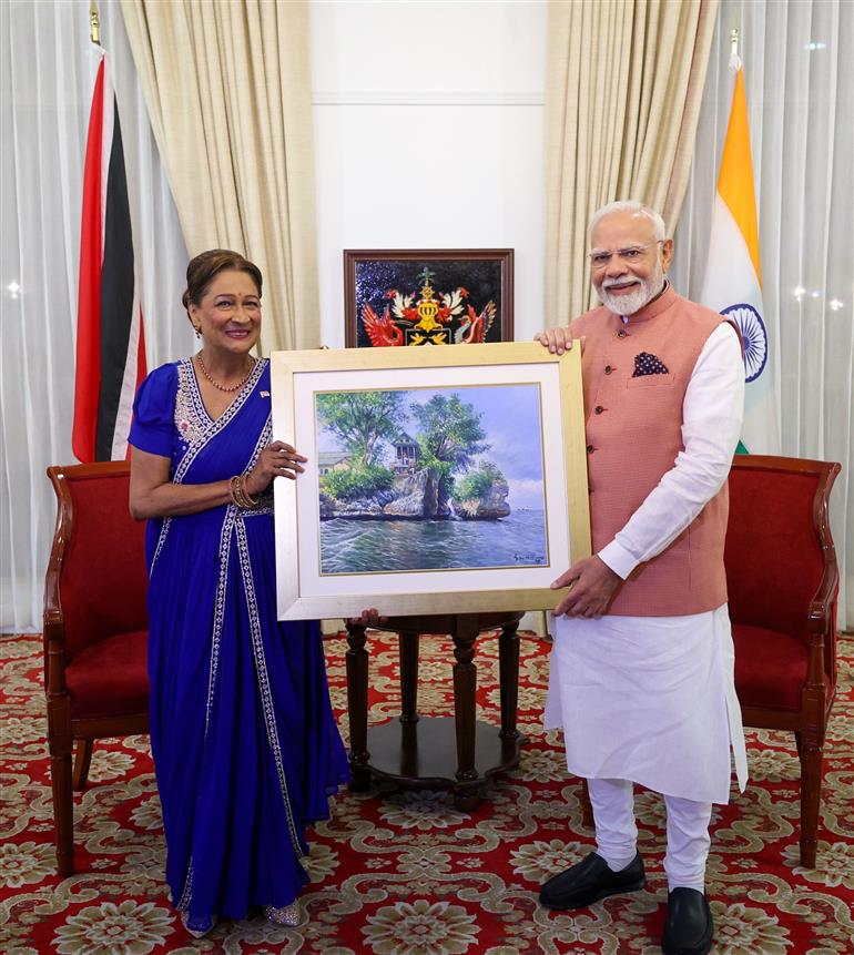 PM exchanges gifts with the Prime Minister of the Republic of Trinidad and Tobago, Ms. Kamla Persad-Bissessar at Port of Spain, in Republic of Trinidad and Tobago on July 03, 2025.