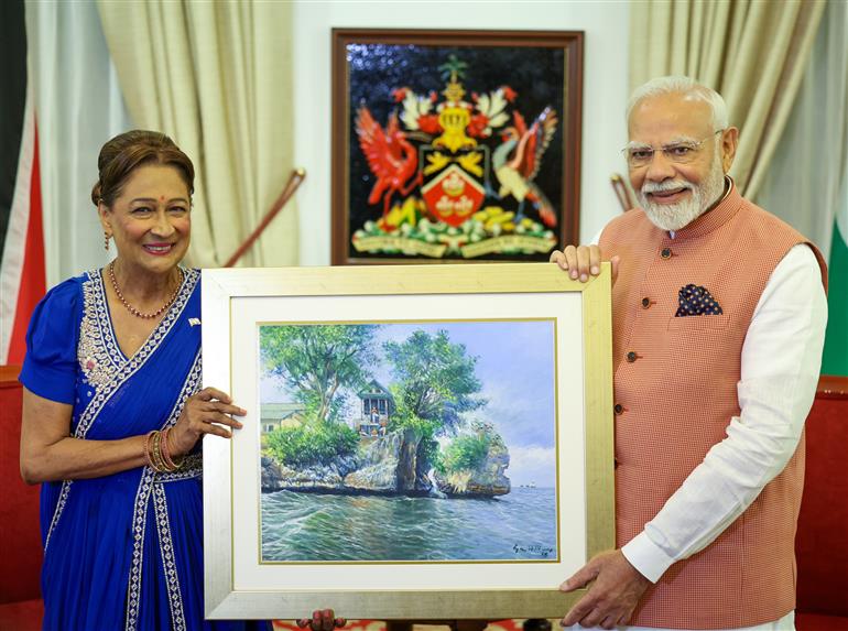 PM exchanges gifts with the Prime Minister of the Republic of Trinidad and Tobago, Ms. Kamla Persad-Bissessar at Port of Spain, in Republic of Trinidad and Tobago on July 03, 2025.