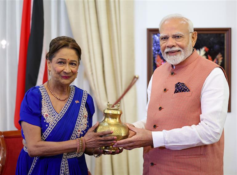 PM exchanges gifts with the Prime Minister of the Republic of Trinidad and Tobago, Ms. Kamla Persad-Bissessar at Port of Spain, in Republic of Trinidad and Tobago on July 03, 2025.