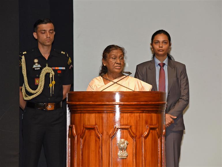 The President, Smt. Droupadi Murmu addressing the commencement of the Durand Cup Tournament – 2025 at Rashtrapati Bhavan, in New Delhi on July 04, 2025.