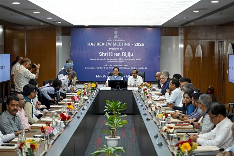The Union Minister of Minority Affairs & Parliamentary Affairs, Shri Kiren Rijiju chairs the Haj Review Meeting 2026 at Dr Ambedkar International Centre, in New Delhi on July 04, 2025. The Minister of State for Minority Affairs & Fisheries, Animal Husbandry and Dairying, Shri George Kurian is also seen.