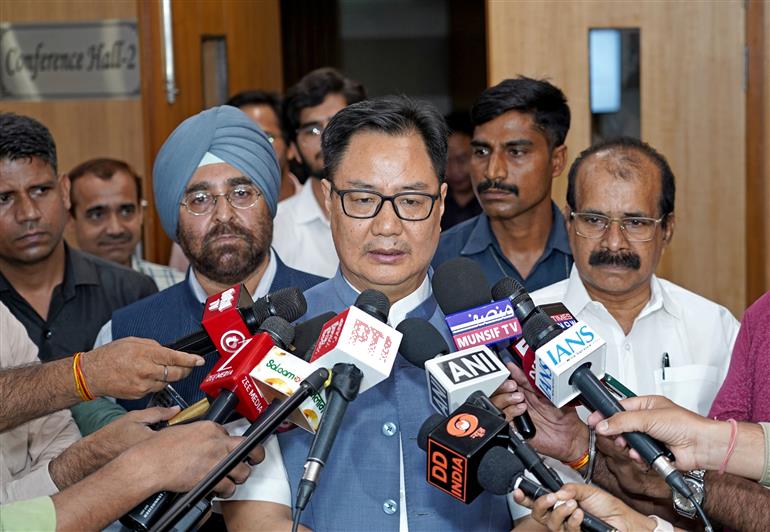 The Union Minister of Minority Affairs & Parliamentary Affairs, Shri Kiren Rijiju interacting with media during the Haj Review Meeting 2026 at Dr Ambedkar International Centre, in New Delhi on July 04, 2025.