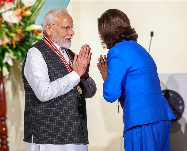 PM receiving the highest national award ‘The Order of the Republic of Trinidad & Tobago’ by the President of the Republic of Trinidad & Tobago, Ms. Christine Carla Kangaloo at Port of Spain, in Republic of Trinidad and Tobago on July 04, 2025.:Prime Minister's Office PM receiving the highest national award ‘The Order of the Republic of Trinidad & Tobago’ by the President of the Republic of Trinidad & Tobago, Ms. Christine Carla Kangaloo at Port of Spain, in Republic of Trinidad and Tobago on July 04, 2025.:Prime Minister