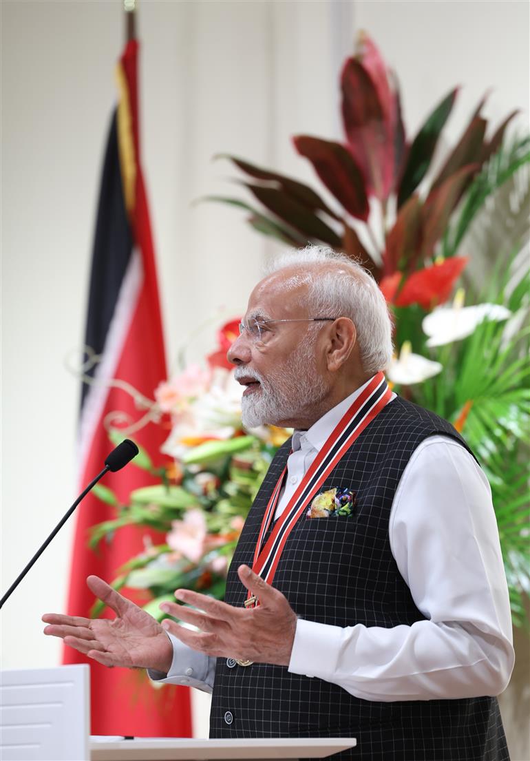 PM remarks on conferred the highest national award ‘The Order of the Republic of Trinidad & Tobago’ at Port of Spain, in Republic of Trinidad and Tobago on July 04, 2025.