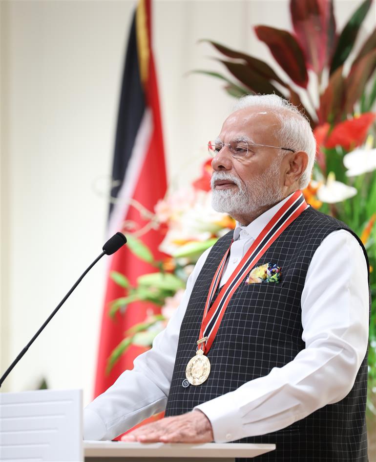 PM remarks on conferred the highest national award ‘The Order of the Republic of Trinidad & Tobago’ at Port of Spain, in Republic of Trinidad and Tobago on July 04, 2025.