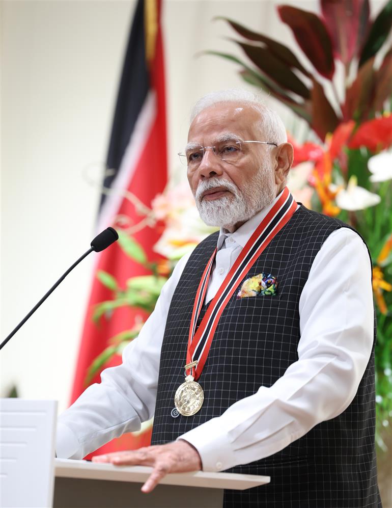 PM remarks on conferred the highest national award ‘The Order of the Republic of Trinidad & Tobago’ at Port of Spain, in Republic of Trinidad and Tobago on July 04, 2025.