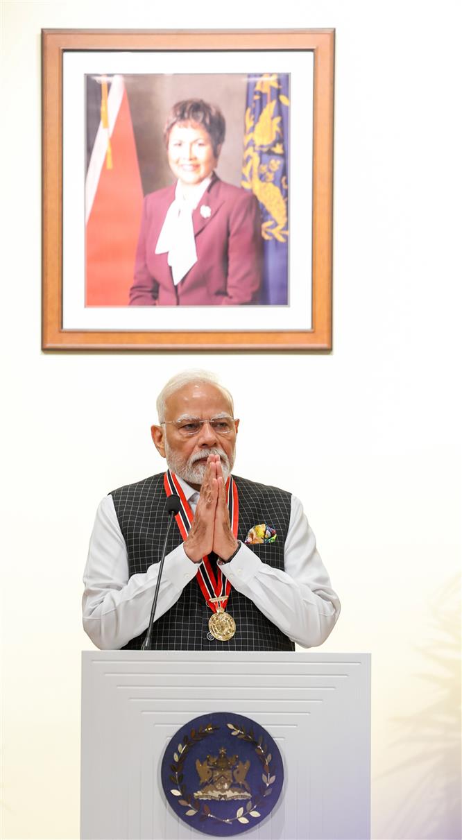 PM remarks on conferred the highest national award ‘The Order of the Republic of Trinidad & Tobago’ at Port of Spain, in Republic of Trinidad and Tobago on July 04, 2025.