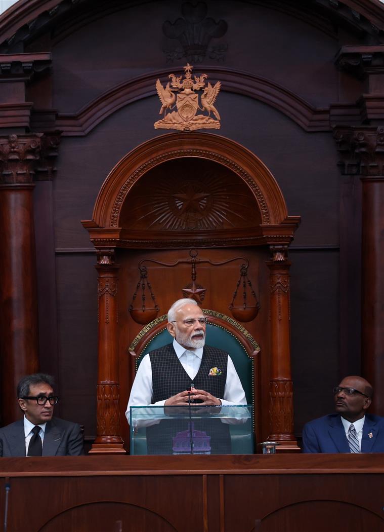 PM addressing the Joint Assembly of the Parliament of Trinidad & Tobago in iconic Red House at Port of Spain, in Republic of Trinidad and Tobago on July 04, 2025.:Prime Minister's Office PM addressing the Joint Assembly of the Parliament of Trinidad & Tobago in iconic Red House at Port of Spain, in Republic of Trinidad and Tobago on July 04, 2025.:Prime Minister