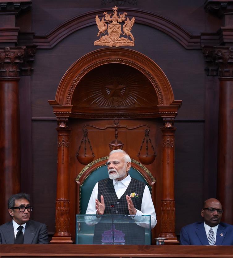 PM addressing the Joint Assembly of the Parliament of Trinidad & Tobago in iconic Red House at Port of Spain, in Republic of Trinidad and Tobago on July 04, 2025.:Prime Minister's Office PM addressing the Joint Assembly of the Parliament of Trinidad & Tobago in iconic Red House at Port of Spain, in Republic of Trinidad and Tobago on July 04, 2025.:Prime Minister