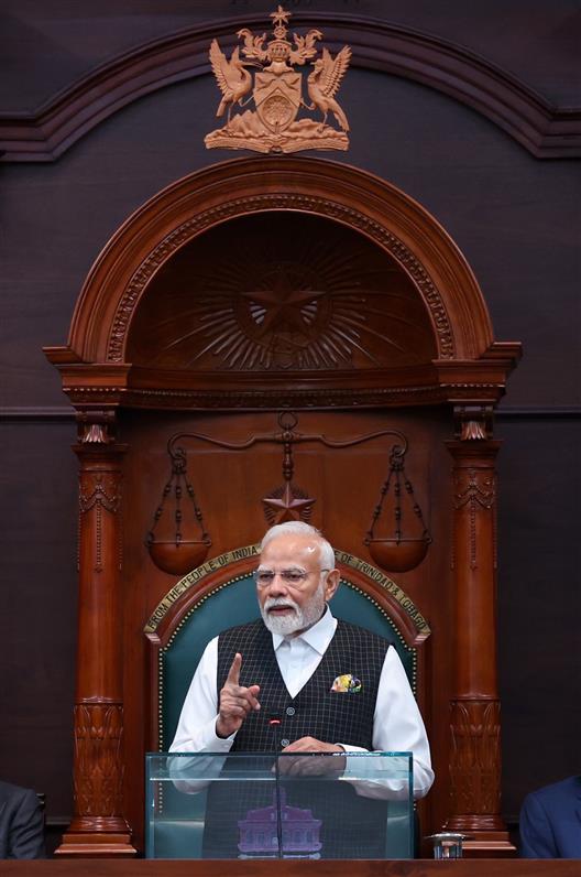 PM addressing the Joint Assembly of the Parliament of Trinidad & Tobago in iconic Red House at Port of Spain, in Republic of Trinidad and Tobago on July 04, 2025.:Prime Minister's Office PM addressing the Joint Assembly of the Parliament of Trinidad & Tobago in iconic Red House at Port of Spain, in Republic of Trinidad and Tobago on July 04, 2025.:Prime Minister