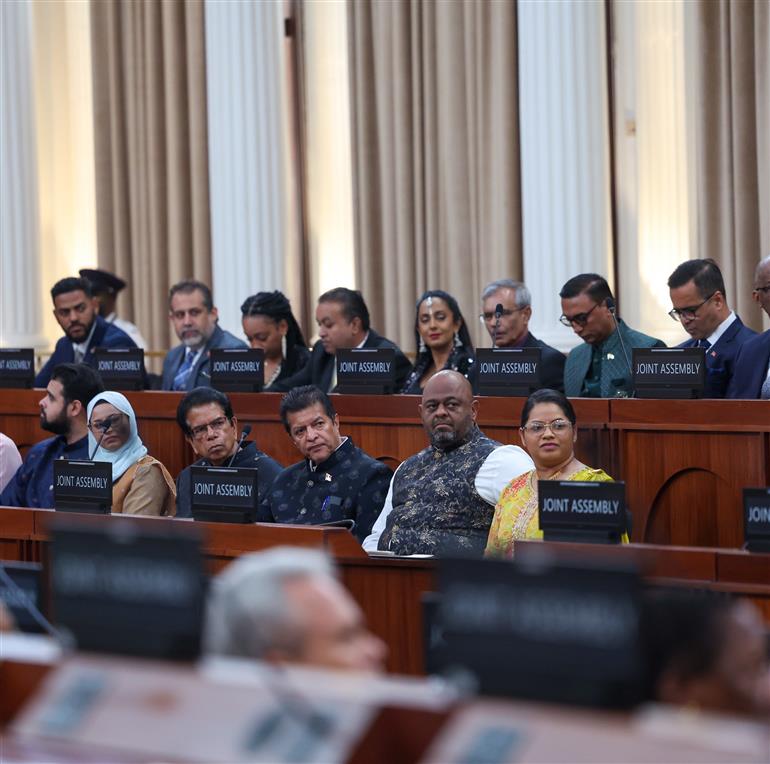 Gathering at the Joint Assembly of the Parliament of Trinidad & Tobago in iconic Red House at Port of Spain, in Republic of Trinidad and Tobago on July 04, 2025. PM addressing the Joint Assembly.