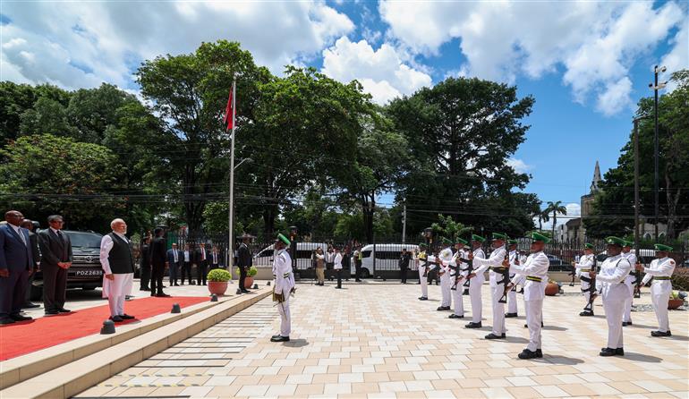 PM receives a ceremonial guard of honour upon his arrival at Parliament of Trinidad & Tobago, in Port of Spain, Republic of Trinidad and Tobago on July 04, 2025.:Prime Minister's Office PM receives a ceremonial guard of honour upon his arrival at Parliament of Trinidad & Tobago, in Port of Spain, Republic of Trinidad and Tobago on July 04, 2025.:Prime Minister