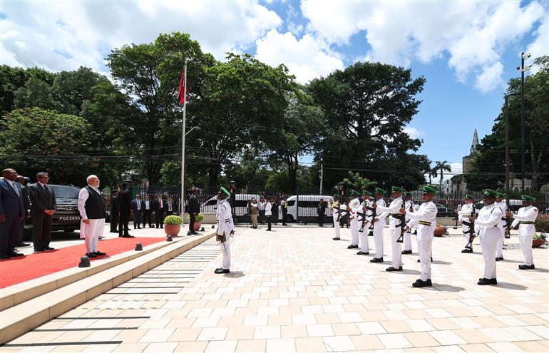 PM receives a ceremonial guard of honour upon his arrival at Parliament of Trinidad & Tobago, in Port of Spain, Republic of Trinidad and Tobago on July 04, 2025.:Prime Minister's Office PM receives a ceremonial guard of honour upon his arrival at Parliament of Trinidad & Tobago, in Port of Spain, Republic of Trinidad and Tobago on July 04, 2025.:Prime Minister
