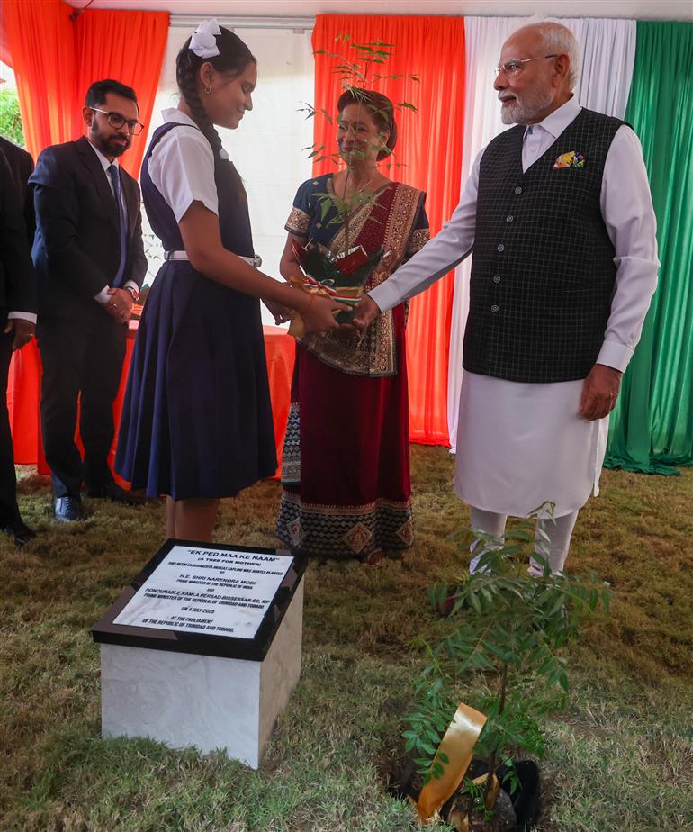 PM planted sapling at the premises of Parliament of Trinidad & Tobago (iconic Red House) under the ‘Ek Ped Maa Ke Naam’ campaign at Port of Spain, in Republic of Trinidad and Tobago on July 04, 2025.:Prime Minister's Office PM planted sapling at the premises of Parliament of Trinidad & Tobago (iconic Red House) under the ‘Ek Ped Maa Ke Naam’ campaign at Port of Spain, in Republic of Trinidad and Tobago on July 04, 2025.:Prime Minister