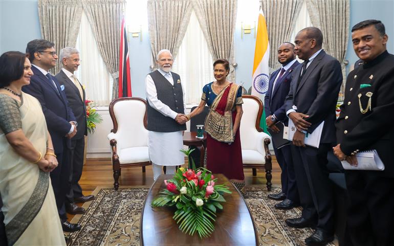 PM holds a wide-ranging and productive discussions with the Prime Minister of the Republic of Trinidad and Tobago, Ms. Kamla Persad-Bissessar at Port of Spain, in Republic of Trinidad and Tobago on July 04, 2025.:Prime Minister's Office PM holds a wide-ranging and productive discussions with the Prime Minister of the Republic of Trinidad and Tobago, Ms. Kamla Persad-Bissessar at Port of Spain, in Republic of Trinidad and Tobago on July 04, 2025.:Prime Minister