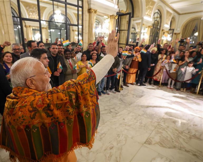 PM receives a rousing welcome by Indian community on his arrival at hotel, in Buenos Aires, Argentina on July 04, 2025.:Prime Minister's Office PM receives a rousing welcome by Indian community on his arrival at hotel, in Buenos Aires, Argentina on July 04, 2025.:Prime Minister