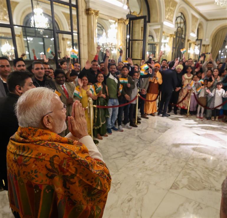 PM receives a rousing welcome by Indian community on his arrival at hotel, in Buenos Aires, Argentina on July 04, 2025.:Prime Minister's Office PM receives a rousing welcome by Indian community on his arrival at hotel, in Buenos Aires, Argentina on July 04, 2025.:Prime Minister