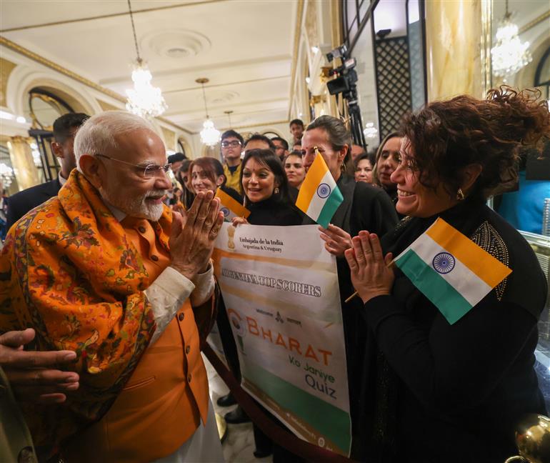 PM receives a rousing welcome by Indian community on his arrival at hotel, in Buenos Aires, Argentina on July 04, 2025.:Prime Minister's Office PM receives a rousing welcome by Indian community on his arrival at hotel, in Buenos Aires, Argentina on July 04, 2025.:Prime Minister