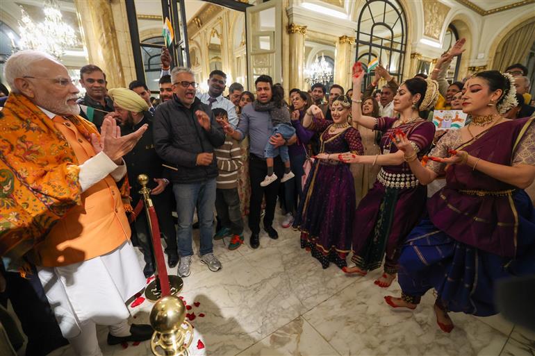 PM receives a rousing welcome by Indian community on his arrival at hotel, in Buenos Aires, Argentina on July 04, 2025.