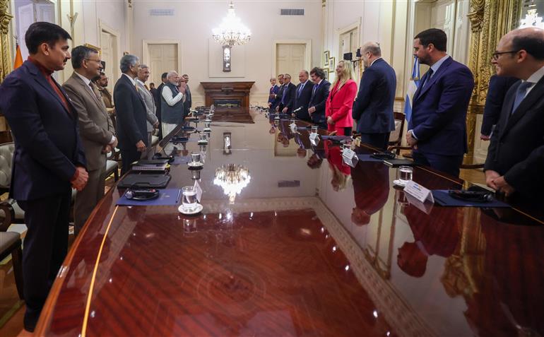 PM holds a delegation level talks with the President of Argentina, Mr. Javier Gerardo Milei at Casa Rosada, in Buenos Aires, Argentina on July 05, 2025.:Prime Minister's Office PM holds a delegation level talks with the President of Argentina, Mr. Javier Gerardo Milei at Casa Rosada, in Buenos Aires, Argentina on July 05, 2025.:Prime Minister