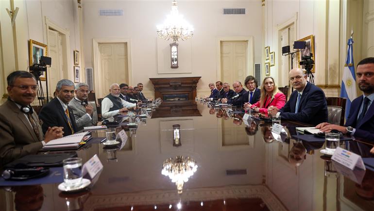 PM holds a delegation level talks with the President of Argentina, Mr. Javier Gerardo Milei at Casa Rosada, in Buenos Aires, Argentina on July 05, 2025.:Prime Minister's Office PM holds a delegation level talks with the President of Argentina, Mr. Javier Gerardo Milei at Casa Rosada, in Buenos Aires, Argentina on July 05, 2025.:Prime Minister