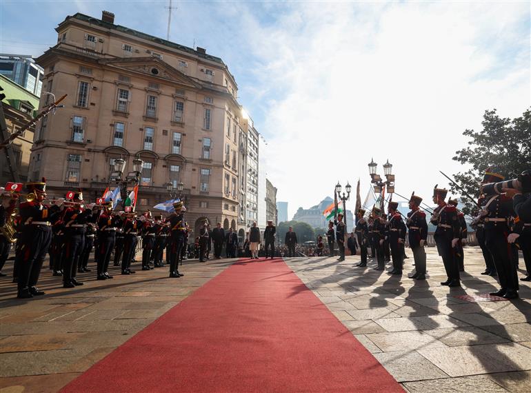 PM meets the President of Argentina, Mr. Javier Gerardo Milei on his arrival at Presidential Palace, in Buenos Aires, Argentina on July 05, 2025.:Prime Minister's Office PM meets the President of Argentina, Mr. Javier Gerardo Milei on his arrival at Presidential Palace, in Buenos Aires, Argentina on July 05, 2025.:Prime Minister