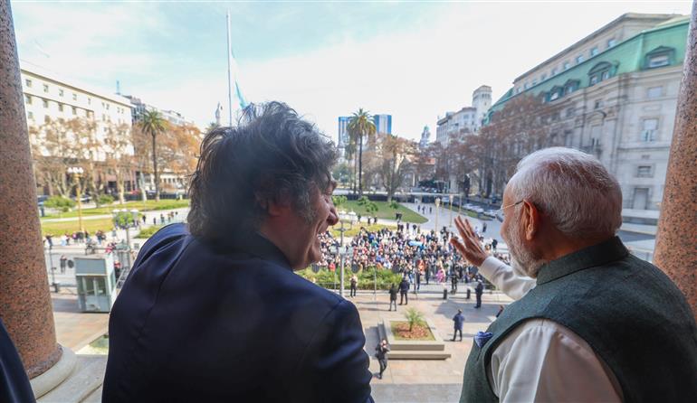 PM meets the President of Argentina, Mr. Javier Gerardo Milei on his arrival at Presidential Palace, in Buenos Aires, Argentina on July 05, 2025.:Prime Minister's Office PM meets the President of Argentina, Mr. Javier Gerardo Milei on his arrival at Presidential Palace, in Buenos Aires, Argentina on July 05, 2025.:Prime Minister