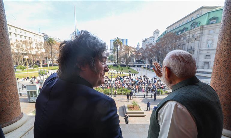 PM meets the President of Argentina, Mr. Javier Gerardo Milei on his arrival at Presidential Palace, in Buenos Aires, Argentina on July 05, 2025.:Prime Minister's Office PM meets the President of Argentina, Mr. Javier Gerardo Milei on his arrival at Presidential Palace, in Buenos Aires, Argentina on July 05, 2025.:Prime Minister