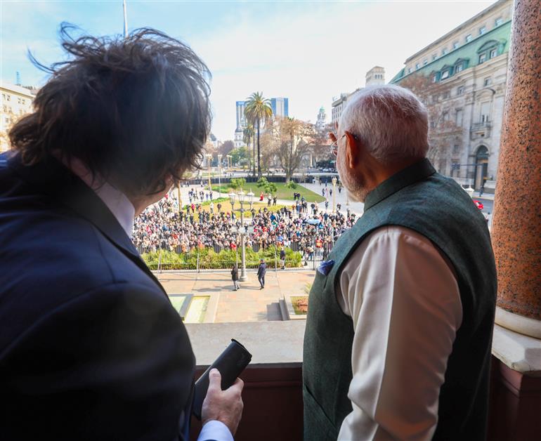 PM meets the President of Argentina, Mr. Javier Gerardo Milei on his arrival at Presidential Palace, in Buenos Aires, Argentina on July 05, 2025.:Prime Minister's Office PM meets the President of Argentina, Mr. Javier Gerardo Milei on his arrival at Presidential Palace, in Buenos Aires, Argentina on July 05, 2025.:Prime Minister