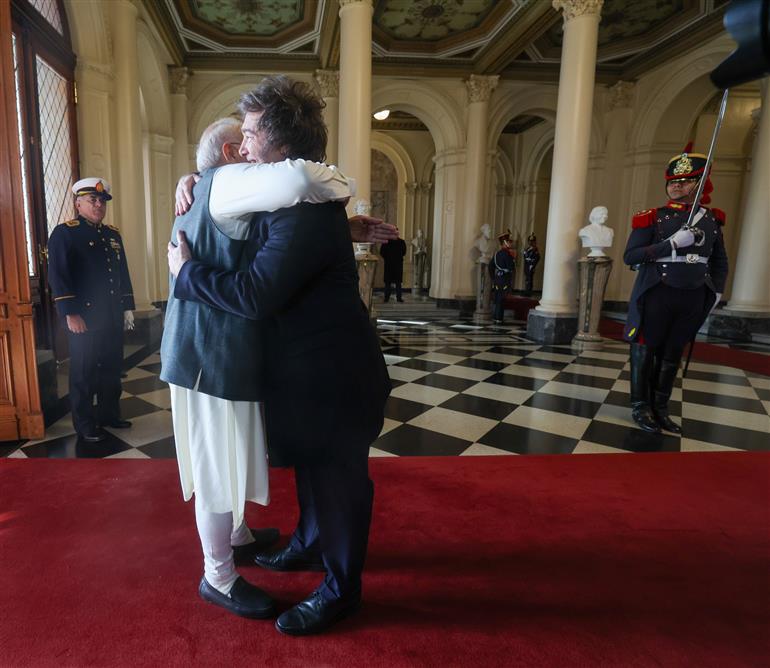 PM meets the President of Argentina, Mr. Javier Gerardo Milei on his arrival at Presidential Palace, in Buenos Aires, Argentina on July 05, 2025.:Prime Minister's Office PM meets the President of Argentina, Mr. Javier Gerardo Milei on his arrival at Presidential Palace, in Buenos Aires, Argentina on July 05, 2025.:Prime Minister