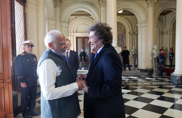 PM meets the President of Argentina, Mr. Javier Gerardo Milei on his arrival at Presidential Palace, in Buenos Aires, Argentina on July 05, 2025.:Prime Minister's Office PM meets the President of Argentina, Mr. Javier Gerardo Milei on his arrival at Presidential Palace, in Buenos Aires, Argentina on July 05, 2025.:Prime Minister