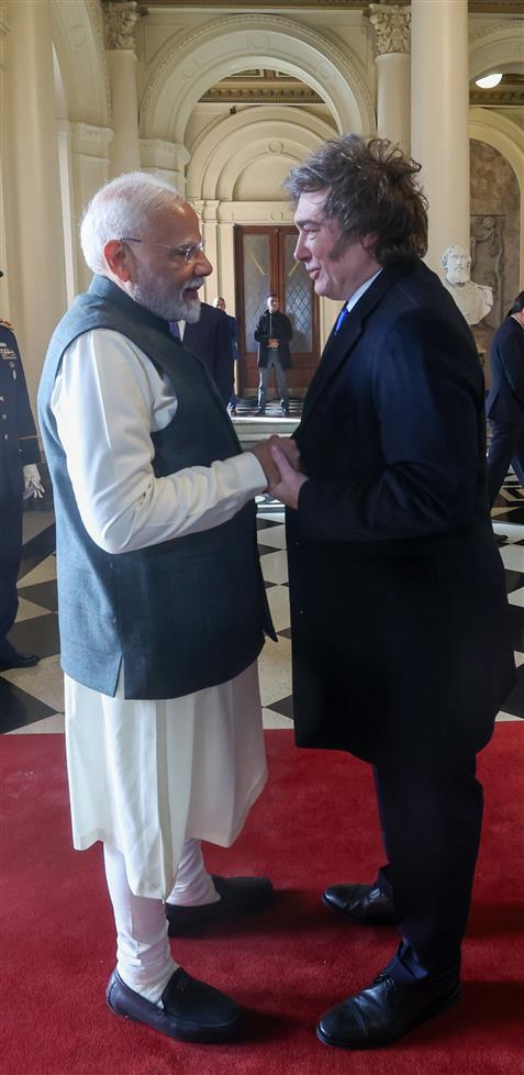 PM meets the President of Argentina, Mr. Javier Gerardo Milei on his arrival at Presidential Palace, in Buenos Aires, Argentina on July 05, 2025.:Prime Minister's Office PM meets the President of Argentina, Mr. Javier Gerardo Milei on his arrival at Presidential Palace, in Buenos Aires, Argentina on July 05, 2025.:Prime Minister