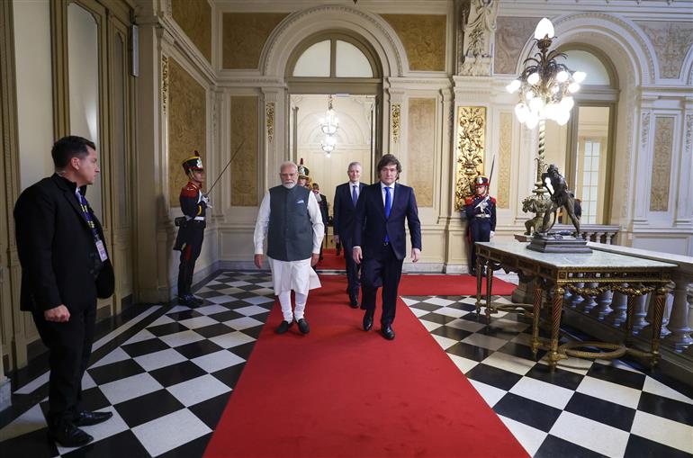 PM meets the President of Argentina, Mr. Javier Gerardo Milei on his arrival at Presidential Palace, in Buenos Aires, Argentina on July 05, 2025.:Prime Minister's Office PM meets the President of Argentina, Mr. Javier Gerardo Milei on his arrival at Presidential Palace, in Buenos Aires, Argentina on July 05, 2025.:Prime Minister