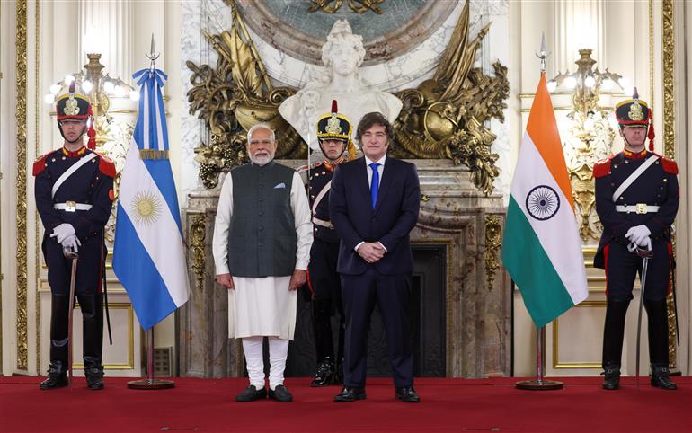 PM meets the President of Argentina, Mr. Javier Gerardo Milei on his arrival at Presidential Palace, in Buenos Aires, Argentina on July 05, 2025.:Prime Minister's Office PM meets the President of Argentina, Mr. Javier Gerardo Milei on his arrival at Presidential Palace, in Buenos Aires, Argentina on July 05, 2025.:Prime Minister