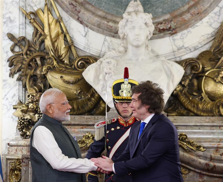 PM meets the President of Argentina, Mr. Javier Gerardo Milei on his arrival at Presidential Palace, in Buenos Aires, Argentina on July 05, 2025.:Prime Minister's Office PM meets the President of Argentina, Mr. Javier Gerardo Milei on his arrival at Presidential Palace, in Buenos Aires, Argentina on July 05, 2025.:Prime Minister