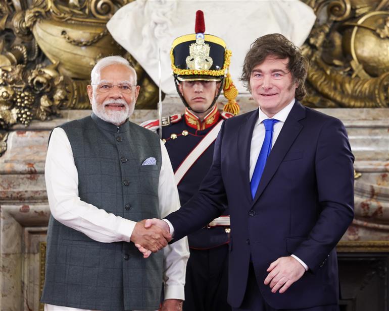 PM meets the President of Argentina, Mr. Javier Gerardo Milei on his arrival at Presidential Palace, in Buenos Aires, Argentina on July 05, 2025.:Prime Minister's Office PM meets the President of Argentina, Mr. Javier Gerardo Milei on his arrival at Presidential Palace, in Buenos Aires, Argentina on July 05, 2025.:Prime Minister