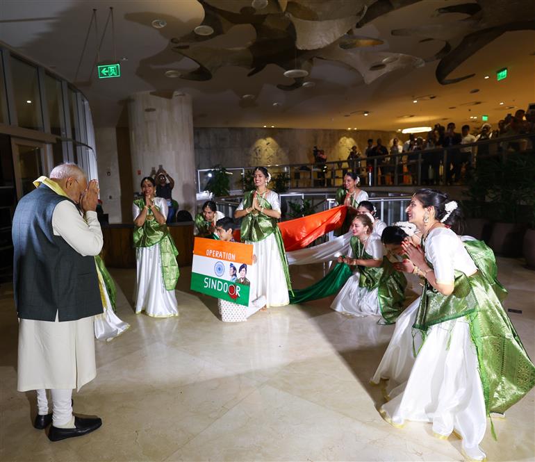 PM receives a rousing welcome by Indian community on his arrival at hotel, in Rio De Janeiro, Brazil on July 05, 2025.:Prime Minister's Office PM receives a rousing welcome by Indian community on his arrival at hotel, in Rio De Janeiro, Brazil on July 05, 2025.:Prime Minister