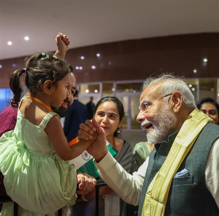 PM receives a rousing welcome by Indian community on his arrival at hotel, in Rio De Janeiro, Brazil on July 05, 2025.:Prime Minister's Office PM receives a rousing welcome by Indian community on his arrival at hotel, in Rio De Janeiro, Brazil on July 05, 2025.:Prime Minister