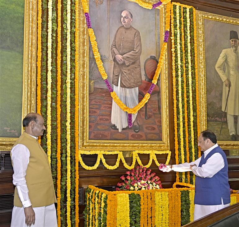 The Union Minister of Health and Family Welfare & Chemicals and Fertilizers, Shri Jagat Prakash Nadda pays floral tribute to Dr. Syama Prasad Mookerjee on his birth anniversary at Parliament House, in New Delhi on July 06, 2025.